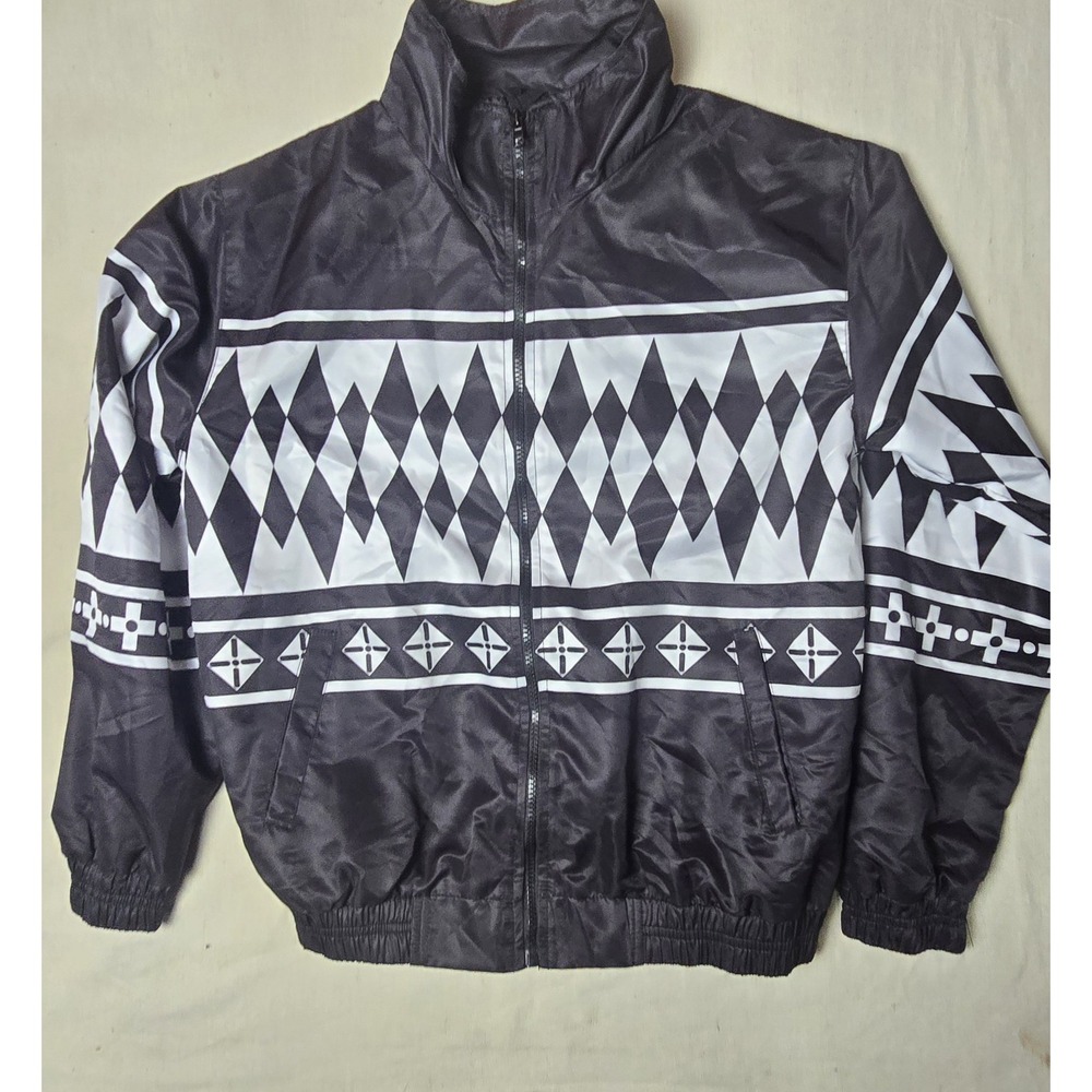 Steady Hands Zip-Up Lightweight Windbreaker Jacket Black White Geometric Pattern